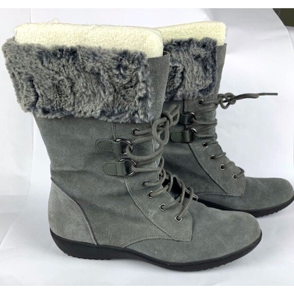 Aerosoles Mid Calf Boots Womens 7.5 Gray Suede Pinelands Y2K Wedge Faux Fur - Picture 1 of 9